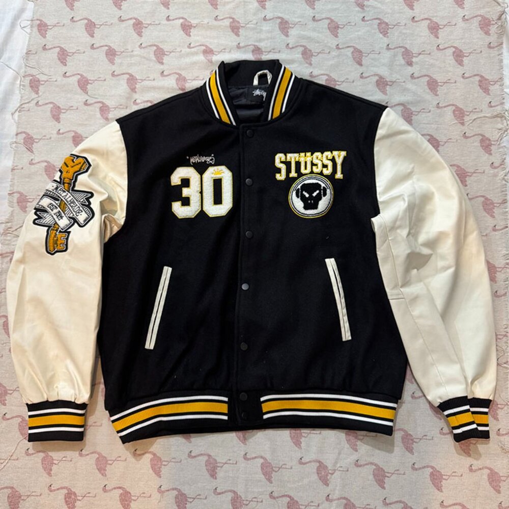 Stussy Black Baseball Jacket With Leather Patchwork And Printed Pattern